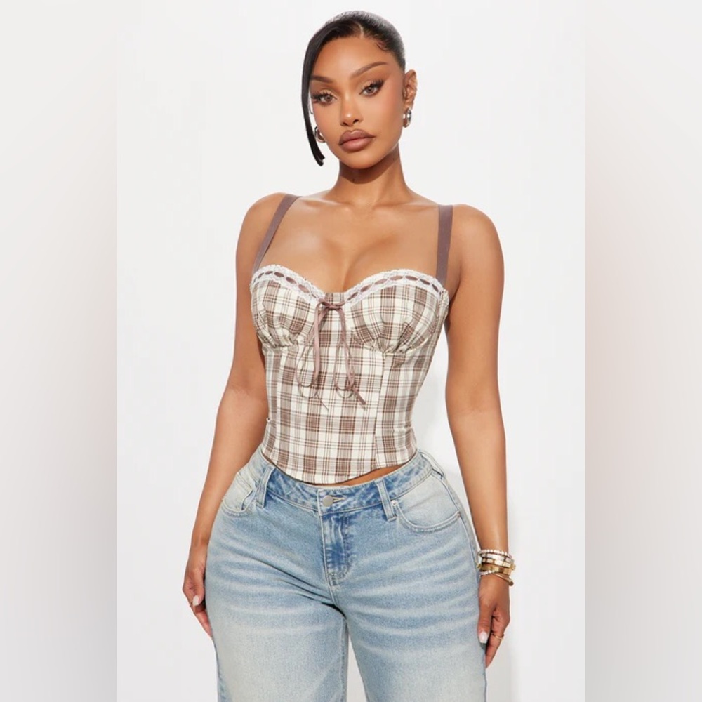 Fashion Nova Brown & Cream Plaid Lace-Trim Bustier Crop Top
